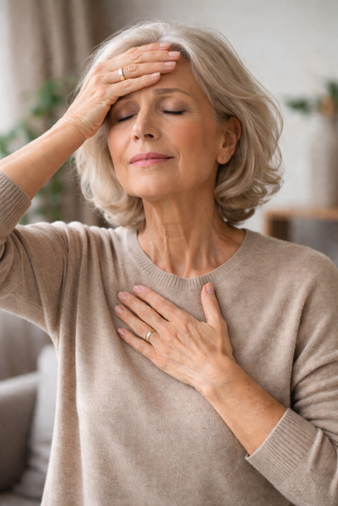 אישה עם יד על המצח ויד על הלב